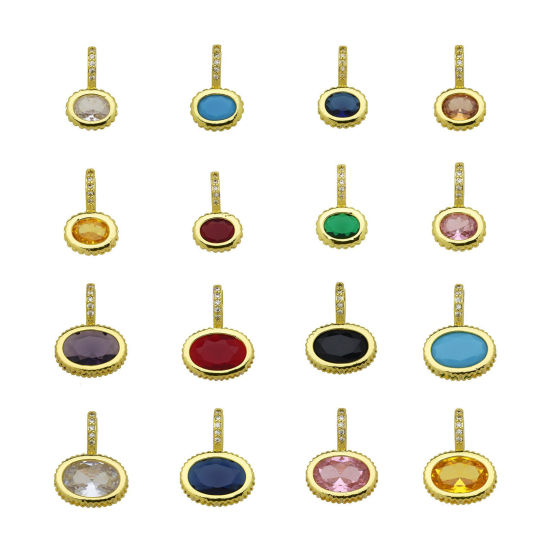 Image de 2 Pcs Breloques En Gros en Laiton Plaqué Or 18K Ovale à Zircone Cubique Multicolore