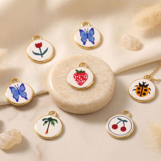 Bild von Messing Charms Großhandel 18K Vergoldet Rund Scheibe Gedruckt 20mm x 17mm