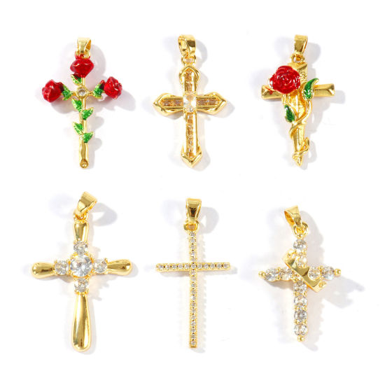 Picture of 2 PCs Brass Religious Charm Pendant Wholesale 18K Gold Plated Cross