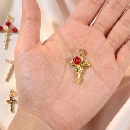 Picture of 2 PCs Brass Religious Charm Pendant Wholesale 18K Gold Plated Cross