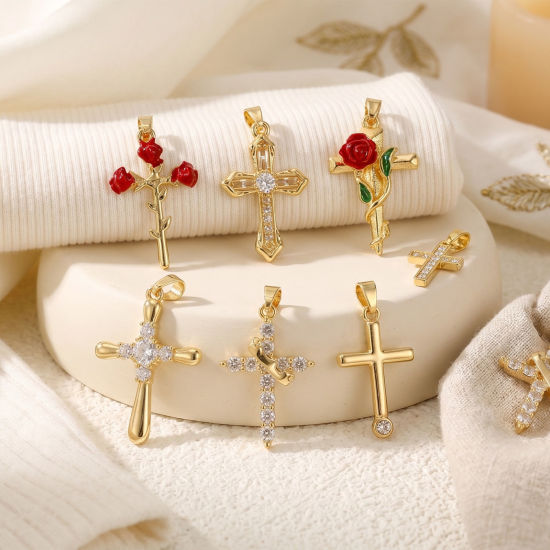 Picture of 2 PCs Brass Religious Charm Pendant Wholesale 18K Gold Plated Cross