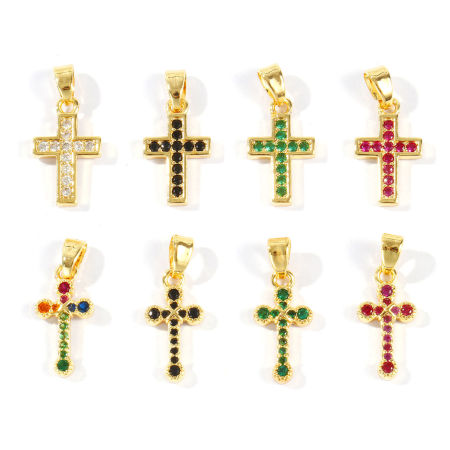 Image de 2 Pcs Pendentif Breloque En Gros Religieux en Laiton & Strass Plaqué Or 18K Croix Micro Pave