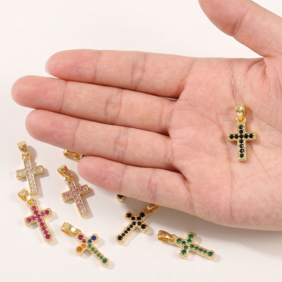 Изображение 2 ШТ латунь & Стразы религия Подвески Оптовая 18K позолоченный Крест Бижутерия усыпанная мелким фианит
