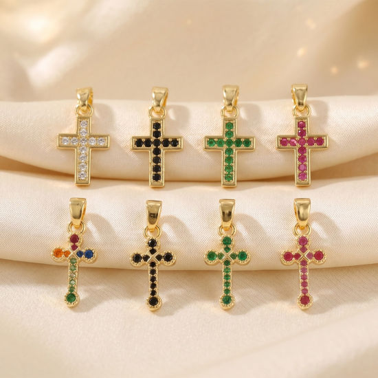 Изображение 2 ШТ латунь & Стразы религия Подвески Оптовая 18K позолоченный Крест Бижутерия усыпанная мелким фианит