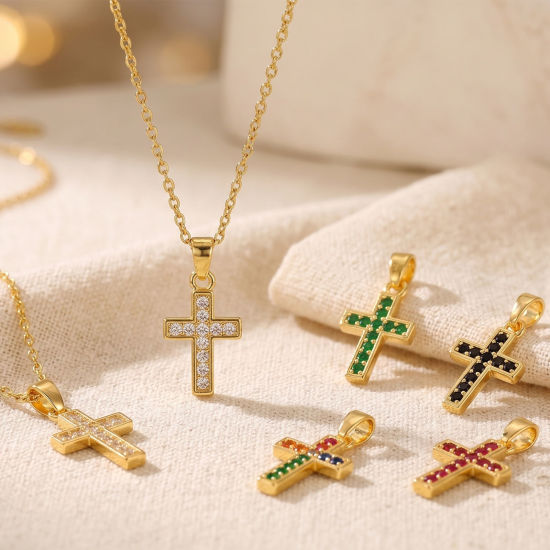 Изображение 2 ШТ латунь & Стразы религия Подвески Оптовая 18K позолоченный Крест Бижутерия усыпанная мелким фианит