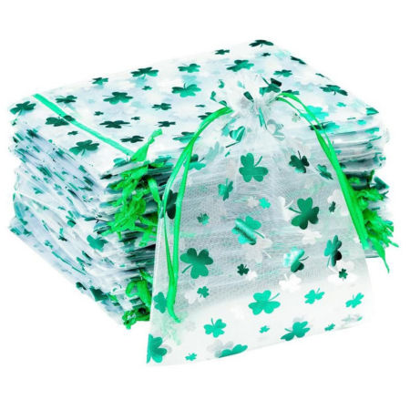 50 Pcs Sac à Cordon en Polyester Rectangle Vert Trèfle