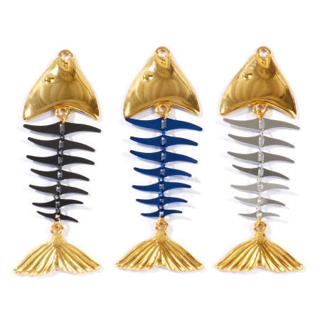 Immagine di 1 Pz PVD Ecologica Impermeabile Anti-Ossidante Ipoallergenico 304 Acciaio Inossidabile Gioielli Oceanici Ciondoli Pendenti All'Ingrosso 18K Vero Oro Placcato Doppio Colore Osso di Pesce Mobile 7.3cm x 2.6cm