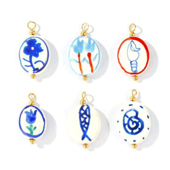 Image de 5 Pcs Breloques En Gros en Porcelaine & Laiton Plaqué Or 18K Bleu Ovale Peint