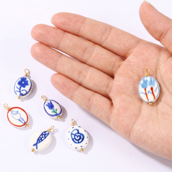 Image de 5 Pcs Breloques En Gros en Porcelaine & Laiton Plaqué Or 18K Bleu Ovale Peint