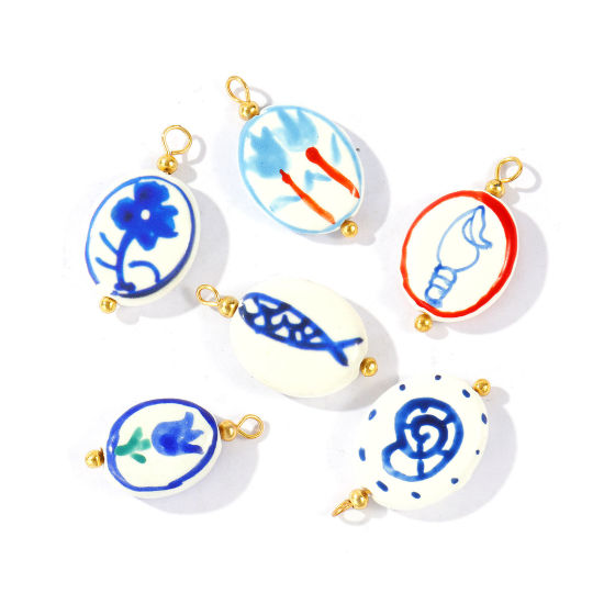 Image de 5 Pcs Breloques En Gros en Porcelaine & Laiton Plaqué Or 18K Bleu Ovale Peint