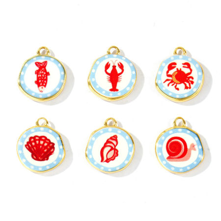 Bild von Umweltfreundlich Messing Charms Großhandel 18K Echtgold plattiert Rot & Blau Rund Gedruckt 16mm x 14mm