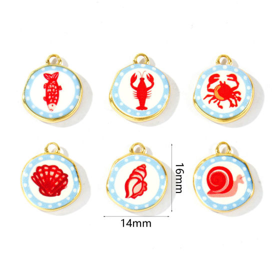 Picture of Eco-friendly Brass Charms Wholesale 18K Real Gold Plated Red & Blue Round Printed 16mm x 14mm