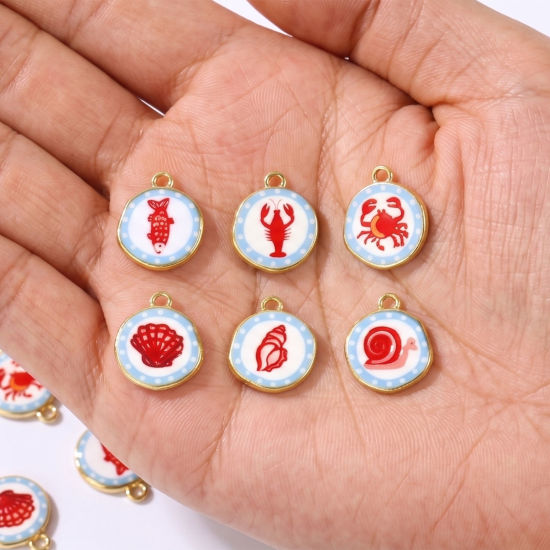 Picture of Eco-friendly Brass Charms Wholesale 18K Real Gold Plated Red & Blue Round Printed 16mm x 14mm