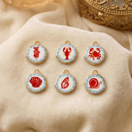 Picture of Eco-friendly Brass Charms Wholesale 18K Real Gold Plated Red & Blue Round Printed 16mm x 14mm