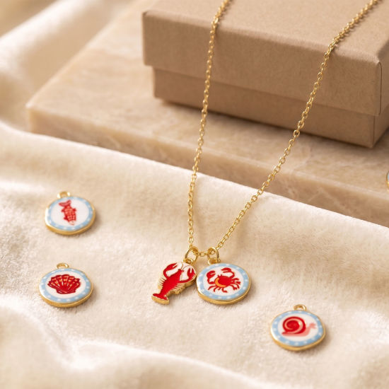 Picture of Eco-friendly Brass Charms Wholesale 18K Real Gold Plated Red & Blue Round Printed 16mm x 14mm