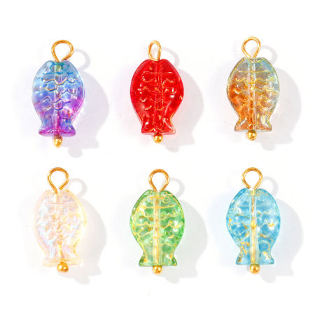 5 個 304ステンレス鋼 & ランプワークガラス 海ジュエリー チャーム 卸売り 18Kゴールドメッキ 魚 3D 20mm x 10mm、 の画像