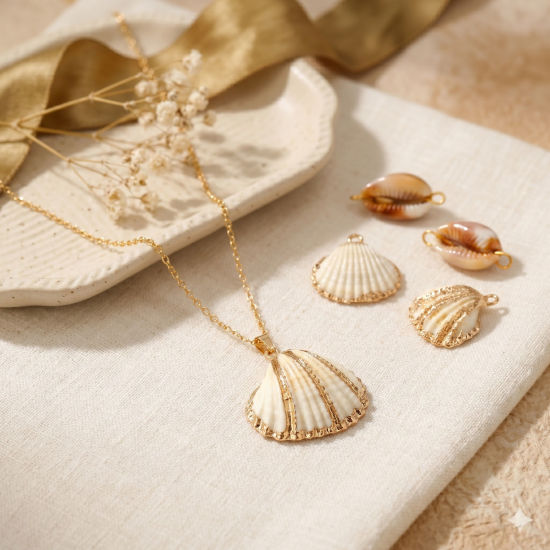 Bild von Natürliche Muschel & Messing Ozean Schmuck Steckverbinder Charms Anhänger Großhandel 18K Vergoldet Zufällig 3D