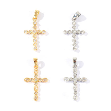 Image de 2 Pcs Pendentif Breloque En Gros Religieux Respectueux de la Nature en Laiton Plaqué Or Véritable Croix à Zircone Cubique Clair