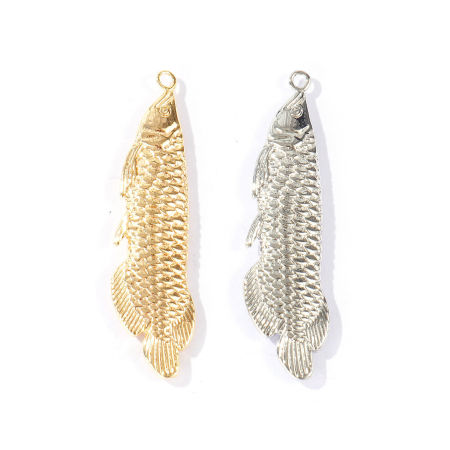 Image de 2 Pcs Pendentifs En Gros Bijoux d'Océan Respectueux de la Nature en Laiton Plaqué Or Véritable Poisson 3D 4.2cm x 1.1cm