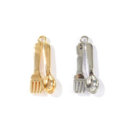 Eco-friendly Brass Charms Wholesale Real Gold Plated Fork Spoon 3D 20mm x 9mm