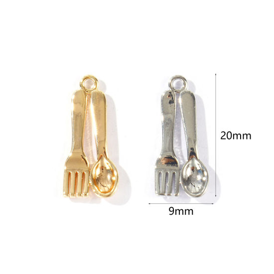 Immagine di 5 Pz Ecologico Ottone Ciondoli All'Ingrosso Vero Oro Placcato Forchetta Cucchiaio 3D 20mm x 9mm