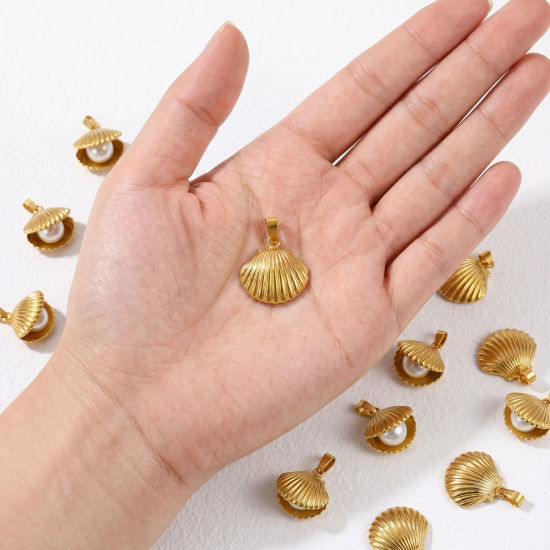 Picture of Eco-friendly PVD Waterproof Anti-Tarnish Hypoallergenic 304 Stainless Steel Charms Wholesale 18K Real Gold Plated Shell Acrylic Imitation Pearl