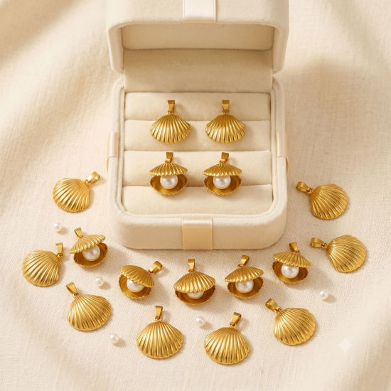 Picture of Eco-friendly PVD Waterproof Anti-Tarnish Hypoallergenic 304 Stainless Steel Charms Wholesale 18K Real Gold Plated Shell Acrylic Imitation Pearl