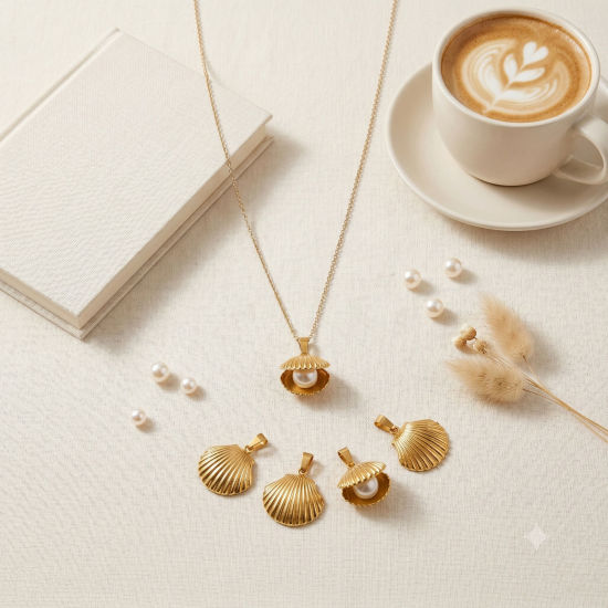 Picture of Eco-friendly PVD Waterproof Anti-Tarnish Hypoallergenic 304 Stainless Steel Charms Wholesale 18K Real Gold Plated Shell Acrylic Imitation Pearl