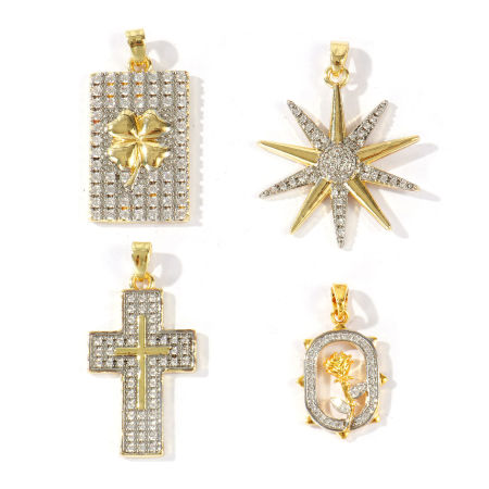 Image de 2 Pcs Pendentif Breloque En Gros en Laiton Plaqué Or 18K & Plaqué Platine Deux Couleurs Croix Etoile Micro Pave à Zircone Cubique Clair