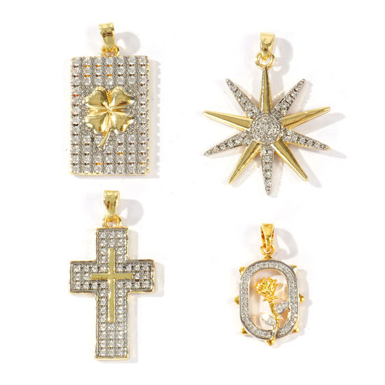 Изображение 2 ШТ Латунь Подвески Оптовая 18K позолоченный & Платиновым покрытием Двухцветный Крест Звезда Бижутерия усыпанная мелким фианит Прозрачный Искусственный Циркон