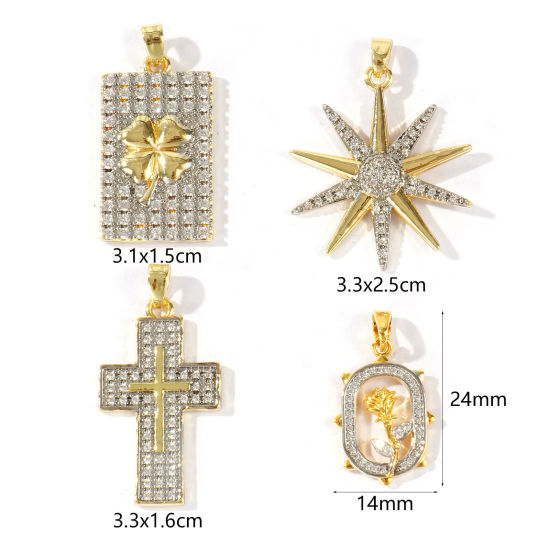 Изображение 2 ШТ Латунь Подвески Оптовая 18K позолоченный & Платиновым покрытием Двухцветный Крест Звезда Бижутерия усыпанная мелким фианит Прозрачный Искусственный Циркон