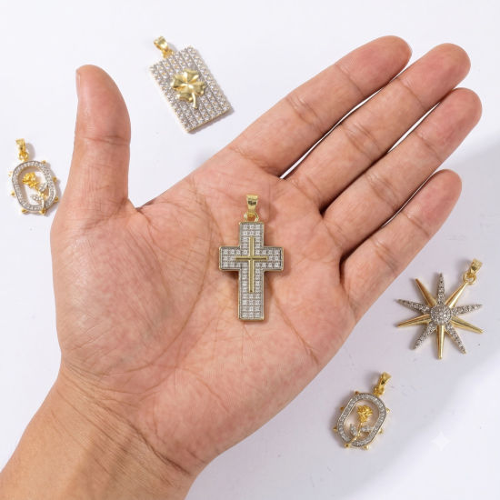 Изображение 2 ШТ Латунь Подвески Оптовая 18K позолоченный & Платиновым покрытием Двухцветный Крест Звезда Бижутерия усыпанная мелким фианит Прозрачный Искусственный Циркон
