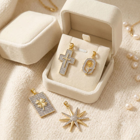 Изображение 2 ШТ Латунь Подвески Оптовая 18K позолоченный & Платиновым покрытием Двухцветный Крест Звезда Бижутерия усыпанная мелким фианит Прозрачный Искусственный Циркон