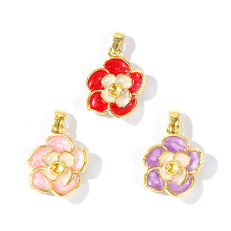 Image de 2 Pcs Pendentif Breloque En Gros Respectueux de la Nature en Laiton Plaqué Or Véritable 18K Émail Fleur Perlaire 23mm x 15mm