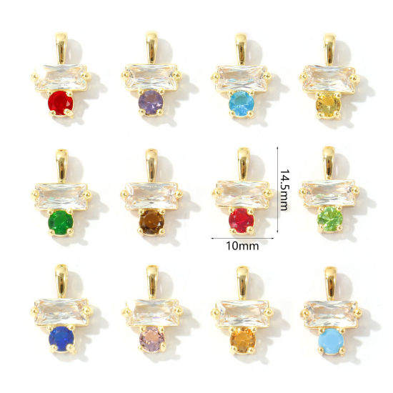 2 個 真鍮 誕生石 チャーム 卸売り 18Kゴールドメッキ 長方形 多色 ジルコン 14.5mm x 10mm、 の画像