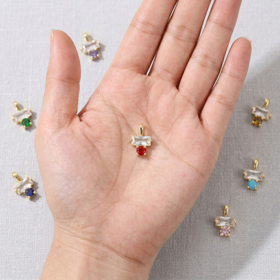 2 個 真鍮 誕生石 チャーム 卸売り 18Kゴールドメッキ 長方形 多色 ジルコン 14.5mm x 10mm、 の画像