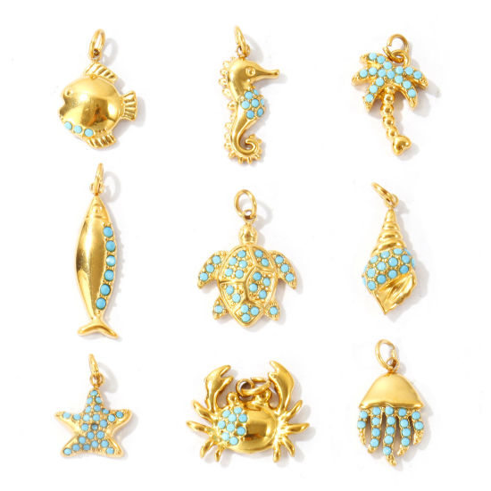 Picture of Eco-friendly PVD 304 Stainless Steel Ocean Jewelry Charms Wholesale 18K Gold Plated Coconut Palm Tree Marine Animal Micro Pave Blue Rhinestone