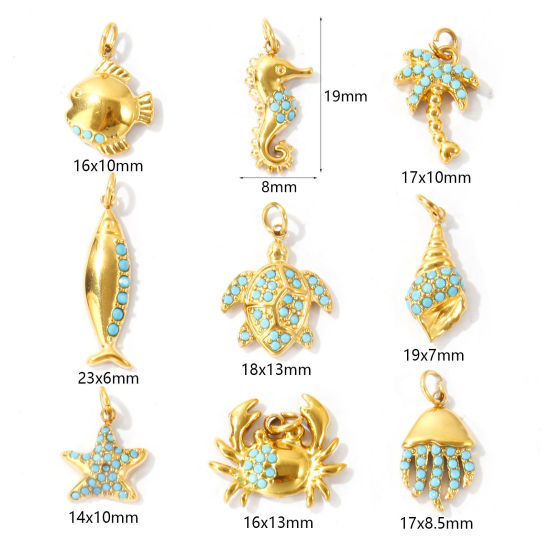 Picture of Eco-friendly PVD 304 Stainless Steel Ocean Jewelry Charms Wholesale 18K Gold Plated Coconut Palm Tree Marine Animal Micro Pave Blue Rhinestone