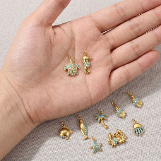 Picture of Eco-friendly PVD 304 Stainless Steel Ocean Jewelry Charms Wholesale 18K Gold Plated Coconut Palm Tree Marine Animal Micro Pave Blue Rhinestone