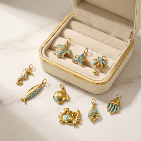 Picture of Eco-friendly PVD 304 Stainless Steel Ocean Jewelry Charms Wholesale 18K Gold Plated Coconut Palm Tree Marine Animal Micro Pave Blue Rhinestone