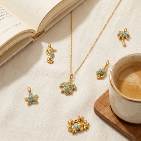 Picture of Eco-friendly PVD 304 Stainless Steel Ocean Jewelry Charms Wholesale 18K Gold Plated Coconut Palm Tree Marine Animal Micro Pave Blue Rhinestone