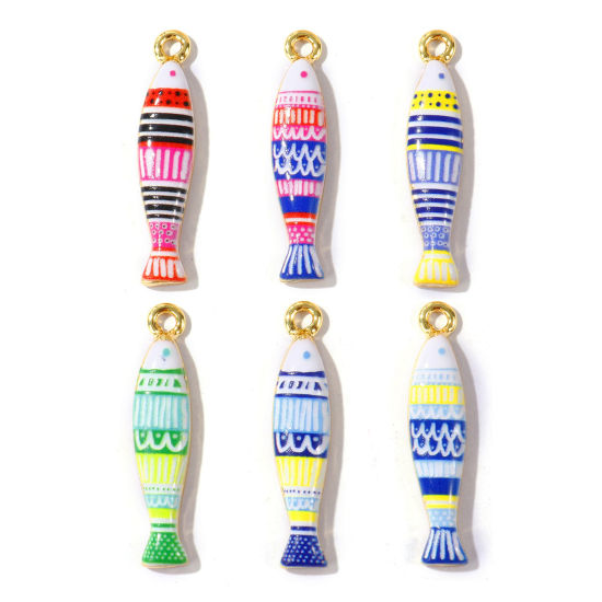 Bild von Umweltfreundlich Messing Ozean Schmuck Anhänger Großhandel 18K Echtgold plattiert Bunt Fisch Gedruckt 3.3cm x 0.7cm
