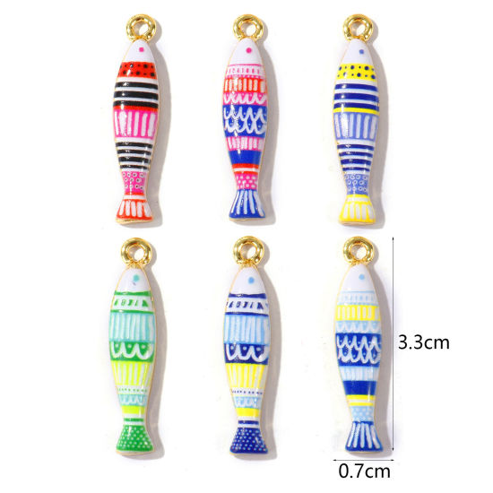 Bild von Umweltfreundlich Messing Ozean Schmuck Anhänger Großhandel 18K Echtgold plattiert Bunt Fisch Gedruckt 3.3cm x 0.7cm