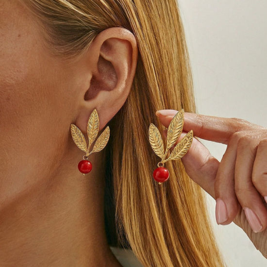 Imagen de 2 Unidades PVD 304 Acero Inoxidable Arete de Poste de Oreja con Accesorios de Conector de Bucle Al Por Mayor Hoja Multicolor