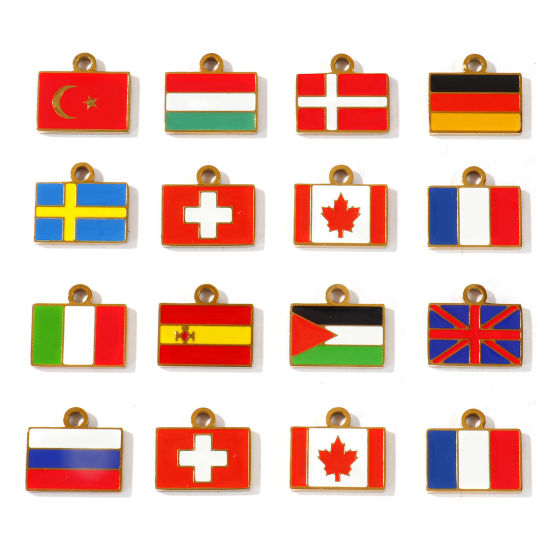 Picture of Eco-friendly PVD 304 Stainless Steel Sport Charms Wholesale 18K Gold Plated Multicolor Enamel Rectangle National Flag 15mm x 13mm
