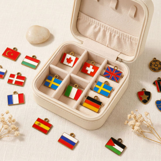 Picture of Eco-friendly PVD 304 Stainless Steel Sport Charms Wholesale 18K Gold Plated Multicolor Enamel Rectangle National Flag 15mm x 13mm