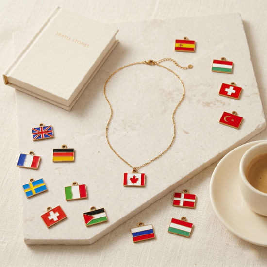 Picture of Eco-friendly PVD 304 Stainless Steel Sport Charms Wholesale 18K Gold Plated Multicolor Enamel Rectangle National Flag 15mm x 13mm