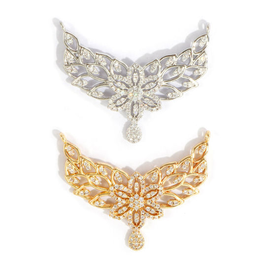 Image de 1 Pièce Connecteurs Pendentifs Breloques En Gros Respectueux de la Nature en Laiton Plaqué Or Véritable Feuilles de Fleur Creux à Zircone Cubique Clair 3.9cm x 3.2cm