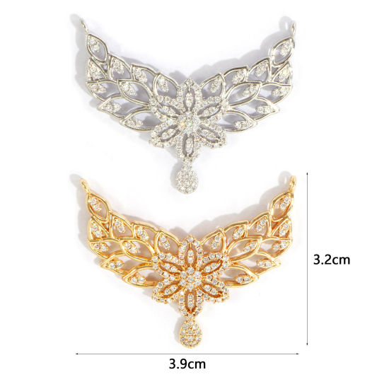 Image de 1 Pièce Connecteurs Pendentifs Breloques En Gros Respectueux de la Nature en Laiton Plaqué Or Véritable Feuilles de Fleur Creux à Zircone Cubique Clair 3.9cm x 3.2cm