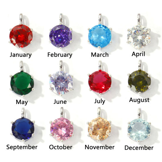 Picture of Eco-friendly Brass Birthstone Charms Wholesale Real Platinum Plated Round 15mm x 9mm